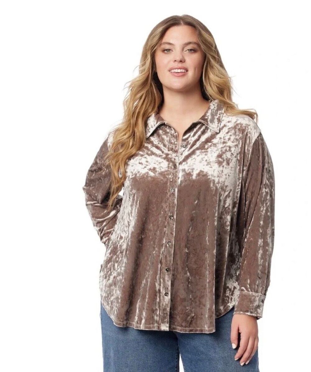 Jessica Simpson Romy Velvet Oversized Button Down Top In Taupe Size Large